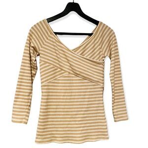 ANTHROPOLOGIE DELETTA TAN/WHITE STRIPED CROSS FRONT TOP SIZE XS